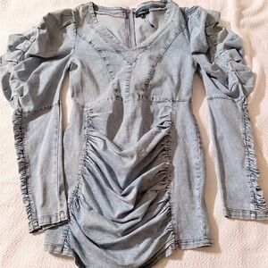 Athina Denim Mini Cotton Dress Puff Sleeves Ruched Design Size M